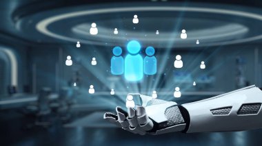 Robotik bir el, ileri teknoloji ortamında dijital bağlantıyı ve etkileşimi sembolize eden sanal topluluk simgelerini sunan fütüristik bir ortama uzanır. Auvana