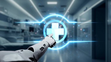 Tıbbi verilere ya da teşhis semptomlarına ulaşmak için robotik el işaretlerini kapatın ve tıbbi çapraz holograma tıklayın. Yapay zeka semptomları analiz ederken robot el çapraz kontrol yapıyor. Sağlıklı..