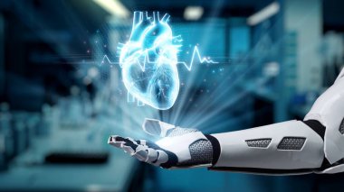 Robotun elini kapat, avuç içini aç ve kalp hologramı yüzsün. Tıbbi verilerle teşhis koymaya bağlıyken kalp hologramını gösteren ve tutan eller. Genetik konsept. Sağlıklı..