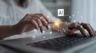 Yapay zekayı beyin yapısı, çip ve bağlı veri bloklarını hesaplama ve öğrenme için görselleştiren yapay zeka ve veri işleme sistemi