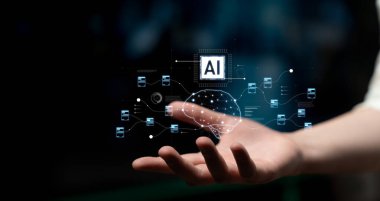 Yapay zekayı beyin yapısı, çip ve bağlı veri bloklarını hesaplama ve öğrenme için görselleştiren yapay zeka ve veri işleme sistemi