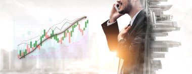 Profesyonel bir işadamı, arka planda piyasa büyümesini gösteren finansal bir grafikle yatırım ve stratejideki fırsatları sembolize ediyor. Etki