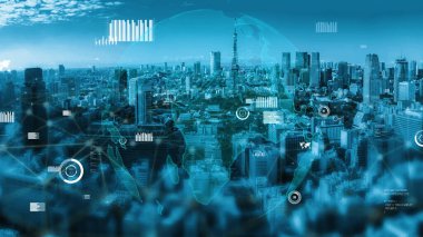 Tokyo siluetinin çarpıcı bir hava perspektifi, modern mimariyi gözler önüne seriyor ve küresel bağlantı ve teknolojik gelişmeyi temsil eden dijital örtülerle geliştiriliyor. Xenic