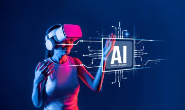 Bir kadın sanal gerçeklik teknolojisiyle etkileşime geçerek yapay zekanın yenilikçi kavramlarını ve dijital dönüşümü fütüristik mavi zemine karşı somutlaştırıyor. XDMCP
