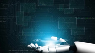 Yapay zeka ve dijital teknolojideki gelişmeleri temsil eden programlama kodlarıyla dolu holografik bir arayüzle etkileşen büyüleyici bir robot el görüntüsü. Xenic