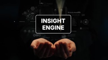 İş Ortamı 'nda Veri Grafikleri ve Analitik Sembolleri ile Dijital Görüş Motoru Kavramını Tutan Eller. Asemptotik akıllı veri analitiği.