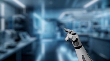 Robotik el işaretini kapat ve bulanık laboratuvar geçmişine sahip çapraz holograma dokun. Tıbbi verilere erişmek ve onları teşhis etmek için robot el tıklaması. Sağlıklı..