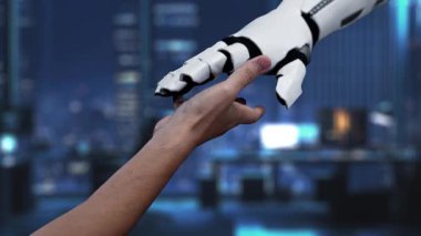 Bir el dijital elementlerle çevrili, modern ofis ortamındaki yenilik ve teknolojiyi sembolize eden gelecekçi yapay zeka sohbet robotu arayüzüne uzanıyor. Auvana