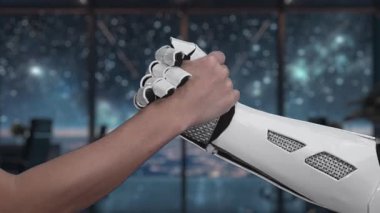 Bir robot el ve insan eli dijital güvenlik ikonuna bağlanıyor, siber güvenlik ve yenilikte teknoloji ve korunmanın birleşimini sembolize ediyor. Auvana