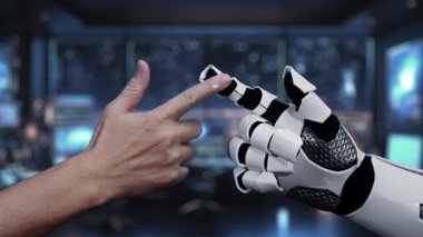 Bu video, modern çalışma ortamlarındaki teknoloji ve yenilikleri gösteren dijital simgelerle etkileşen bir insan eli ve robot eli tasvir ediyor. Auvana