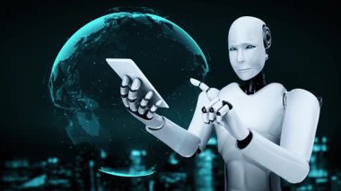 Futuristic robot artificial intelligence huminoid AI programming coding technology development and machine learning concept. Robotic bionic science research for future of human life. 3D rendering.