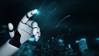 Gelecekçi robot yapay zeka yapay zeka yapay zekayı aydınlatıyor ve makine öğrenme kavramını geliştiriyor. İnsan hayatının geleceği için küresel robot biyonik bilim araştırması. 3B görüntüleme grafiği.