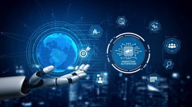 Pazarlama otomasyon diyagramı sunumu yapay zeka odaklı kampanya iş akışı, pazarlama otomasyonu, veri odaklı strateji, pazarlama otomasyon araçları ve iş dünyasında piyasa otomasyon süreci. Muxer