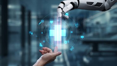 Robot ve insan elini uzatıyor ve yüzen tıbbi haç ikonu ile parmağıyla işaret ediyor. Laboratuvar geçmişini işaret ederken robot eller ve insanların birlikte çalışması yakın plan. Sağlıklı..
