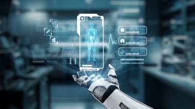 İnsan anatomisi hologramının yüzdüğü bir avuç içi açık robot eli kapat. Robot el, tanı koymak için veriye erişip bağlantı kurarken x ışını hologramını sunuyor. Sağlıklı..