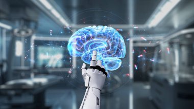 Tıbbi verilere ya da teşhis semptomlarına erişmek için robot ellerle beyin hologramına tıklayın. Yapay zeka semptomları analiz ederken beyin anatomisini kontrol eden robot el. Sağlıklı..