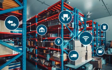 Paket toplama ve teslimatı tanımlamak için teknolojinin yenilikçi interneti olan akıllı depo yönetim sistemi. Gelecekteki tedarik zinciri ve lojistik ağ işi kavramı .