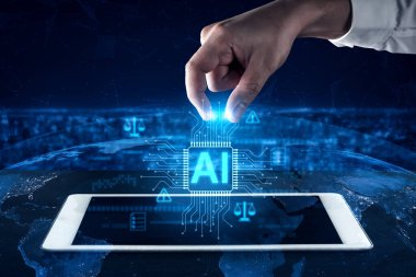 Parlak mavi çizgileri olan yapay zeka mikroçipi, uyarı sembolleri, veri tabloları ve ikili kodlarla çevrili, etik yapay zeka, yapay zeka yönetimi ve veri bütünlüğünü temsil eden Vouch