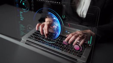 Dünya çapında dijital iletişimi, veri alışverişini ve internet bağlantısını gösteren yüksek teknolojili küresel ağ bağlantı arayüzü. Küresel bağlantı, veri etkileşimi ve dünya çapında iletişim. Thunk