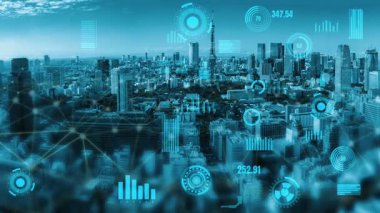 Gelişmiş veri görselleştirmesi ile modern bir ufuk çizgisinin yer aldığı çarpıcı bir kentsel manzara, teknolojinin şehir gelişimi ve analizine entegrasyonunu vurguluyor. Xenic