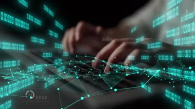 Teknoloji ve bilginin füzyonunu gösteren bir klavyeye karşı kurulmuş interaktif grafikler ve dijital grafiklerle modern veri analizi dünyasını keşfedin. Xenic