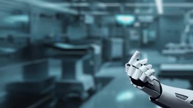 Robotik el işaretini kapat ve bulanık laboratuvar geçmişine sahip çapraz holograma dokun. Tıbbi verilere erişmek ve onları teşhis etmek için robot el tıklaması. Sağlıklı..