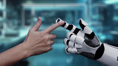 Robot ve insan elini uzatıyor ve parmağıyla beyin simgesini havada yüzdürüyor. Laboratuvar geçmişi bulanıklaşırken robot el ve insanın birlikte çalışmasını engelle. Sağlıklı..