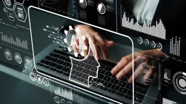 İnsan Elleri Laptop 'ta Futuristik Veri Analizi ve Yapay Zeka Grafikleri ile Yazıyor. Asemptotik akıllı veri analitiği.