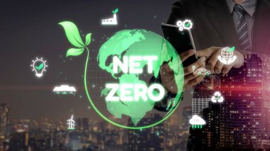 Çevresel denge, dijital sürdürülebilirlik ikonları, yeşil enerji hedefleri ve gelecek için eko-bilinçli dijital iş dönüşümü ile ağ sıfır ve sürdürülebilirlik kavramları. Muxer