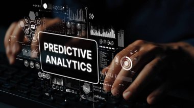 Klavyede İş Sezgileri ve Kararlar İçin Öngörülebilir Analitik Veri ve Grafiklerin Dijital Ekranı Yazılıyor. Asemptotik akıllı veri analitiği.