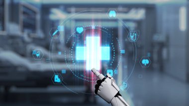 Tıbbi verilere ya da teşhis semptomlarına ulaşmak için robotik el işaretlerini kapatın ve tıbbi çapraz holograma tıklayın. Yapay zeka semptomları analiz ederken robot el çapraz kontrol yapıyor. Sağlıklı..