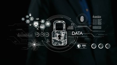 Bu resim, bir kilit ikonu, soyut teknoloji unsurları ve çeşitli veri ölçümlerinin yer aldığı dijital bir veri güvenliği kavramını gösteriyor ve siber koruma ve mahremiyeti vurguluyor. Dörtgen