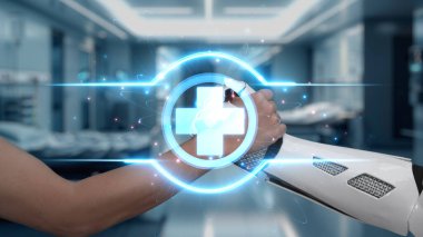 Robot elini kapat ve insan elini tıbbi çapraz hologramla sık. Yapay zeka ve insan birlikte çalışmak ya da bulanık laboratuarlarla yüzen çapraz hologramla anlaşma yapmak. Sağlıklı..