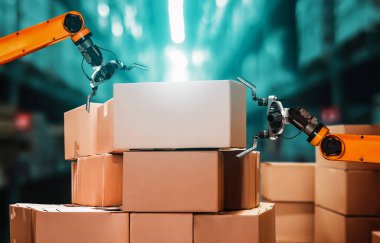 Yenilikçi depo ve fabrika dijital teknolojisi için akıllı robot kol sistemi. İnternet ağına bağlı IOT yazılımı kullanarak endüstri mühendisliği tarafından kontrol edilen otomasyon üretim robotu .