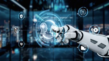 Fütürist robotik bir el, teknolojiyi ve beyinle ilgili ikonları gösteren dijital bir arayüzle etkileşime girer, modern bir ofiste, gece ufuk çizgisi ile. Auvana