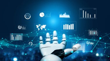 Gösterişli bir robot el, dijital bir iş ortamında teknoloji ve analizlerin kesişimini gösteren, dinamik veri görsellerine ve grafiklerine uzanır. Xenic