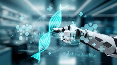 Bulanık laboratuvar arka planına sahip DNA hologramına robotik el gösterimi ve dokunuşlarını kapat. Tıbbi verilere erişmek ve onları teşhis semptomlarına bağlamak için robot el DNA ikonuna tıklıyor. Sağlıklı..