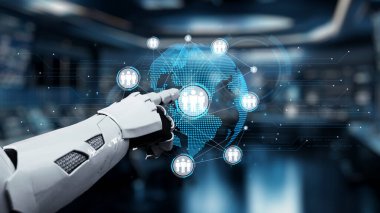 Robot bir el dijital bir küreyle etkileşime girer, verileri ve insanlarla bağlantıları gösterir. Bu görüntü teknolojinin ve insan etkileşiminin birleşimini simgeliyor. Auvana