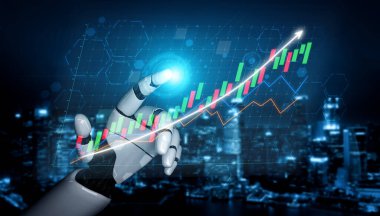 Parlak bir robot el, geceleri canlı bir şehir siluetine karşı borsa büyümesini gösteren dijital bir grafikle etkileşime geçerek gelişmiş teknoloji ve finansmanı sembolize ediyor. Etki