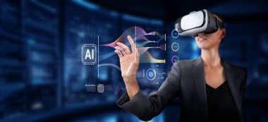 Bir kadın, üretken yapay zekanın görselleştirilmesi ve büyük veri kavramları, yenilik sergisi ve gelecekteki teknoloji etkileşimleri ile etkileşim kurmak için sanal gerçeklik kulaklığı kullanır. XDMCP