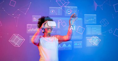 Bir kişi sanal gerçeklik teknolojisine bağlanır, veri analizi ve yapay zeka görsellemeleri ile canlı bir arka planda etkileşime girer, yenilikçi kullanıcı deneyimleri sergiler. XDMCP