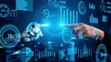 İnsan elinin çarpıcı bir görsel temsili ve birbirine uzanan robotik bir el, gelecekteki bir ortamda teknoloji ve veri analizi arasındaki bağlantıyı sembolize ediyor. Xenic