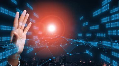 Bu resim, dijital veriler, grafikler ve iş görüşleri için yenilikçi analizlere karşı bir el hareketi içeren fütüristik bir teknoloji kavramını gözler önüne seriyor. Xenic