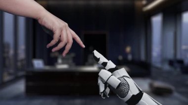 Modern bir ofis ortamında, iletişim teknolojisinin geleceğini sembolize eden dijital bir e-posta arayüzü ile etkileşen bir insan eli ve robotik bir kol bulunur. Auvana