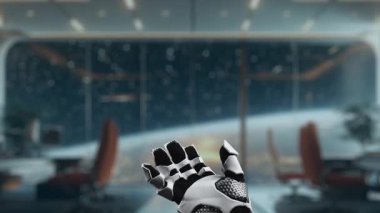 Parlak iş simgelerine uzanan robotik bir el, teknoloji ve otomasyonu vurgulayarak, modern bir ofiste veri içgörüsünü ve yeniliği temsil ediyor. Auvana