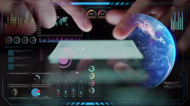 Dünya çapında dijital iletişimi, veri alışverişini ve internet bağlantısını gösteren yüksek teknolojili küresel ağ bağlantı arayüzü. Küresel bağlantı, veri etkileşimi ve dünya çapında iletişim. Thunk