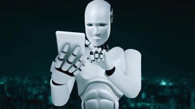 Robot hominoid use mobile phone or tablet for big data analytic using AI thinking brain , artificial intelligence and machine learning process for the 4th fourth industrial revolution . 3D rendering.