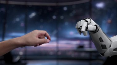 Bir insan eli, ileri teknolojili bir ortamda robotik bir ele doğru uzanır ve gelecekteki yapay zeka ve insanlar arasındaki işbirliğini simgeler. Auvana