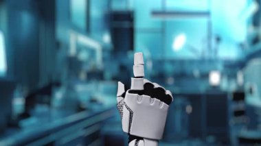 Tıbbi verilere ya da teşhis semptomlarına erişmek için robot ellerle DNA hologramına tıklayın. Yapay zeka semptomları analiz ederken genetik simülasyonda robot el kontrolü. Sağlıklı..