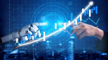 İnsan ve robot arasındaki bağlantının büyüleyici görsel temsili, yükselen bir grafiği işaret eden, teknolojik gelişmeyi ve büyümeyi sembolize eden ellerle tasvir edilmiştir. Copula